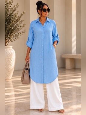 Light Blue Long Button-Front Tunic Shirt